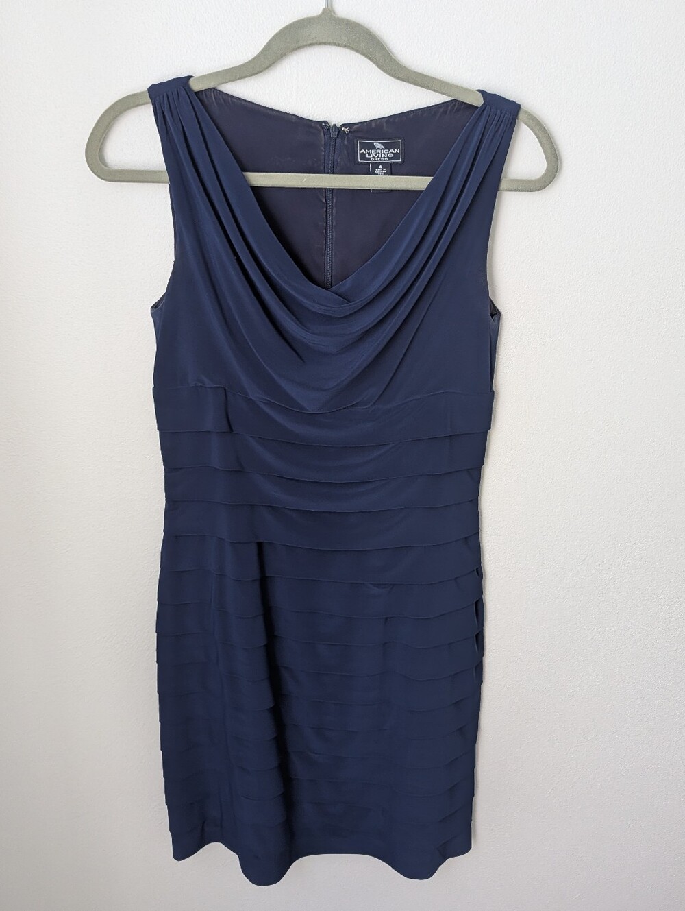 American Living Womens Navy Draped Neck Tiered Sheath Dress, 4